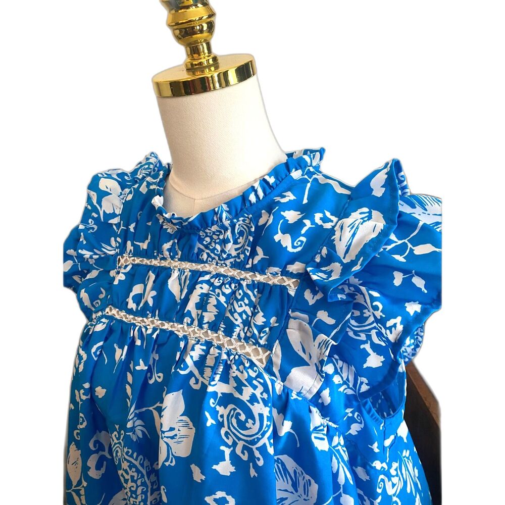 Umgee Peasant Blouse Large Blue White Floral Flutter Sleeve Lace Flowy - Picture 2 of 9